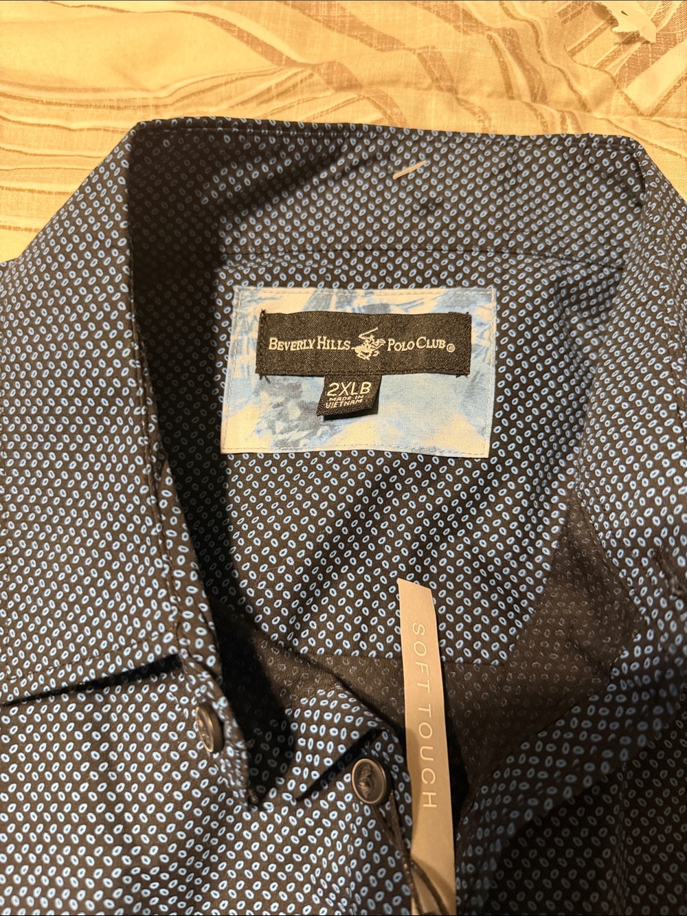 Beverly Hills Polo Club Men's Navy Shirt with Light Blue Micro-Dots